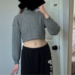 SHEIN grey cable knit crop turtleneck sweater